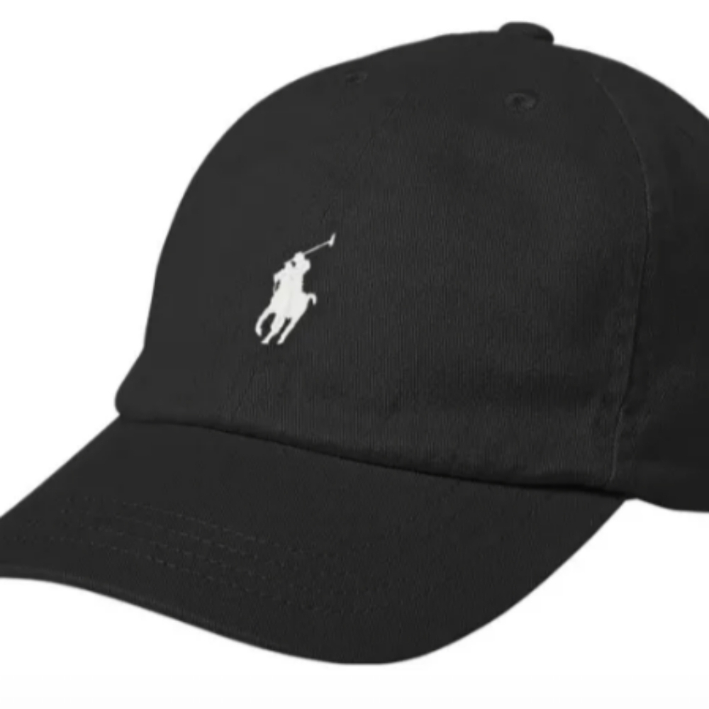 Men's/Women's Polo Cap. Black with white trim.